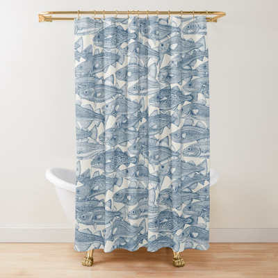 redbubble Atlantic cod cobalt strong white shower curtain sharon turner scrummy