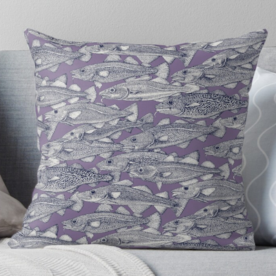 redbubble Atlantic cod navy blue violet throw pillow sharon turner scrummy