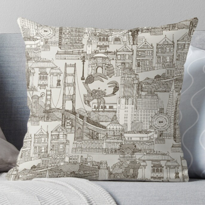 redbubble San Francisco toile tea brown strong white throw pillow sharon turner scrummy