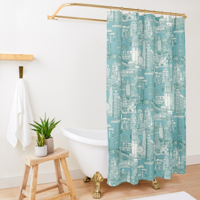 redbubble San Francisco toile viridian turquoise blue shower curtain sharon turner scrummy