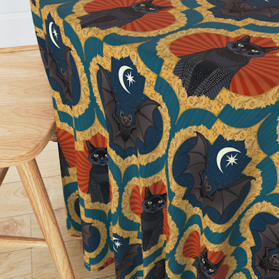 spoonflower Halloween ogee blue orange tablecloth sharon turner scrummy