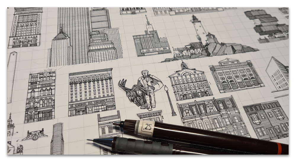 Boston toile work in progress illustration drawing sharon turner scrummy spoonflower collection