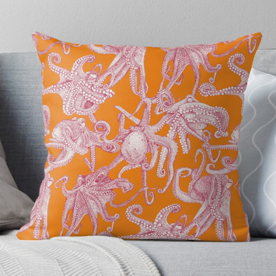 redbubble just octopuses viva magenta satsuma orange throw pillow sharon turner scrummy