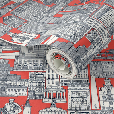 spoonflower Boston toile indigo red wallpaper sharon turner scrummy