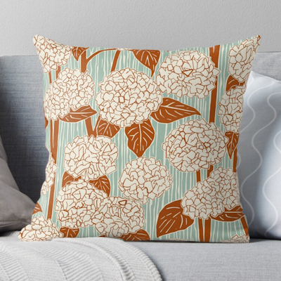 redbubble hydrangea rust duck egg throw pillow cushion sharon turner scrummy