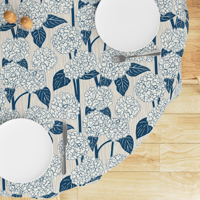 spoonflower hydrangea cobalt beige tablecloth sharon turner scrummy