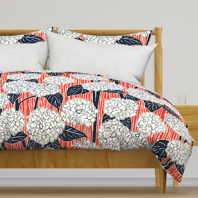spoonflower hydrangea indigo fire red large duvet cover sharon turner scrummy