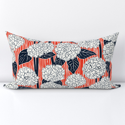 spoonflower hydrangea indigo fire red lumbar throw pillow sharon turner scrummy