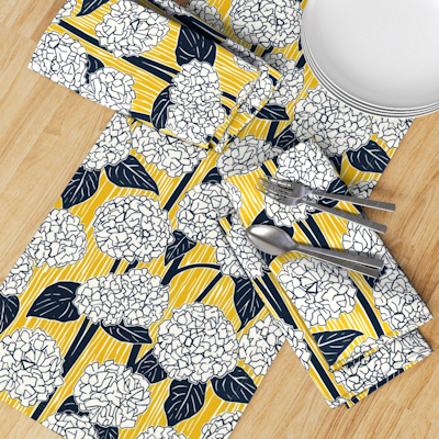 spoonflower hydrangea indigo yellow table runner sharon turner scrummy