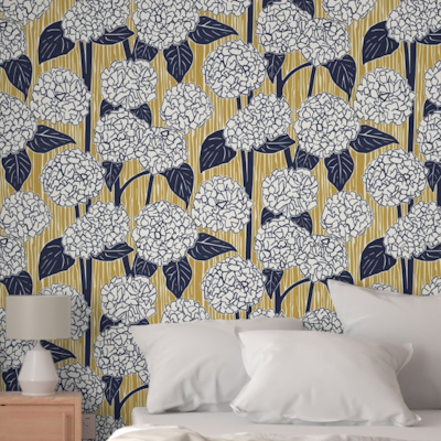 spoonflower hydrangea navy blue gold wallpaper sharon turner scrummy