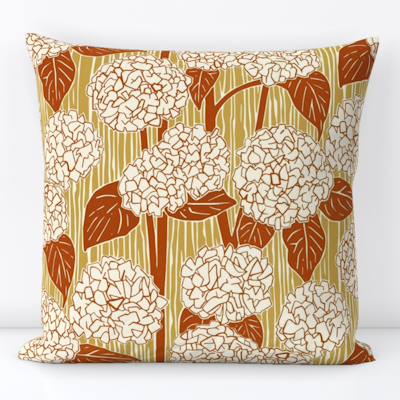 spoonflower hydrangea rust gold throw pillow sharon turner scrummy