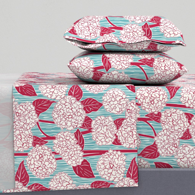spoonflower hydrangea viva magenta turquoise blue sheet set sharon turner scrummy