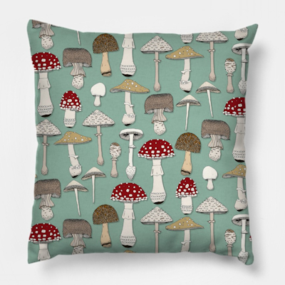 teepublic mushrooms jade throw pillow cushion sharon turner scrummy