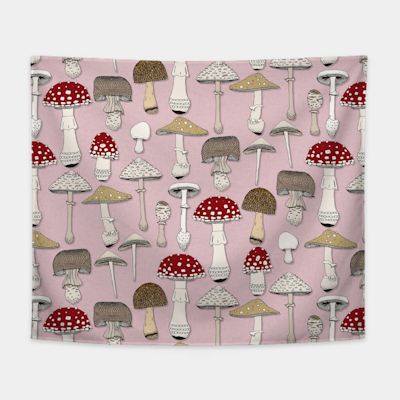 teepublic mushrooms pink wall tapestry sharon turner scrummy