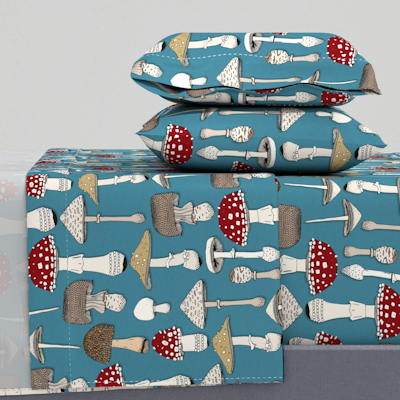 spoonflower mushrooms blue sheet set sharon turner scrummy
