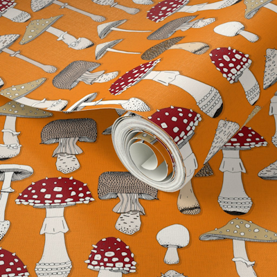 spoonflower mushrooms satsuma orange small wallpaper sharon turner scrummy
